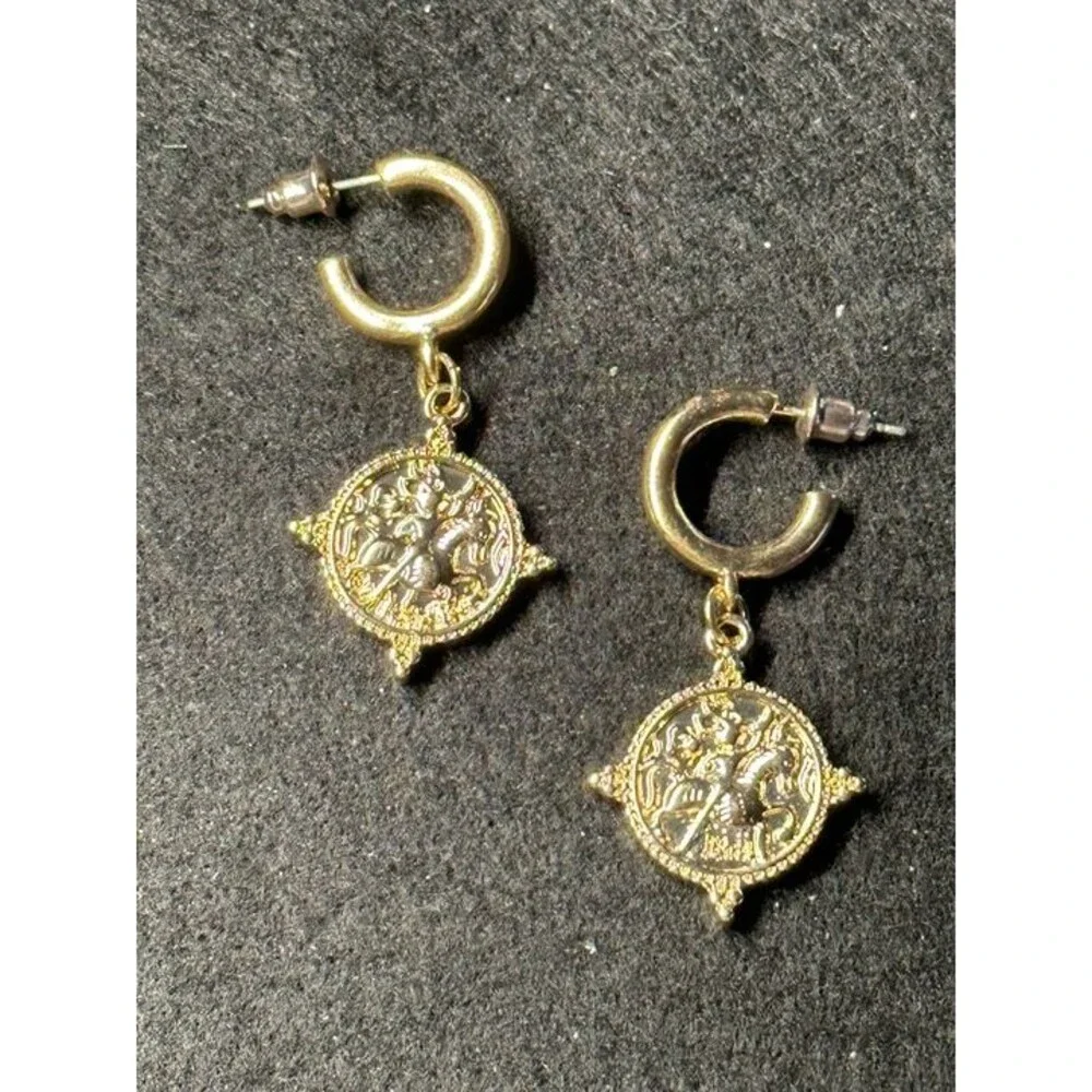 ESPRIT Gold Tone Coin Medallion Charm Dangle Hoop Earrings Embossed Boho New